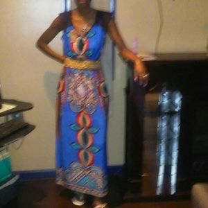 Maxi Sundress. Vibrant blue red and gold!